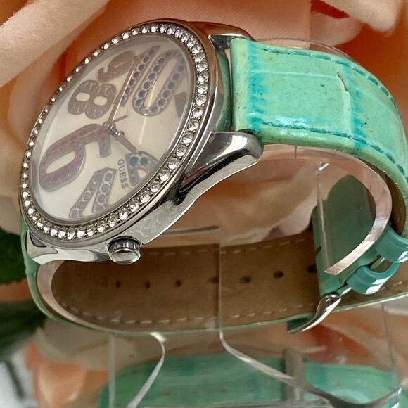 Guess Crystal Accented Bezel and Dial Large Face Watch with Leather Strap - Picture 4 of 15